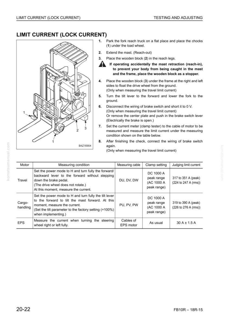 Puede incluir: Diagrama t&eacute;cnico de un montacargas con instrucciones para la prueba de corriente l&iacute;mite. La imagen incluye pasos numerados, una tabla con configuraciones del motor y valores de corriente l&iacute;mite. Las mediciones est&aacute;n en amperios.