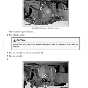 May include: Diagram illustrating the removal and installation of an oscillation limiter. The image shows close-ups of mechanical components with labels A, B, C, and D. Text includes warnings about heavy parts and instructions for disassembly.