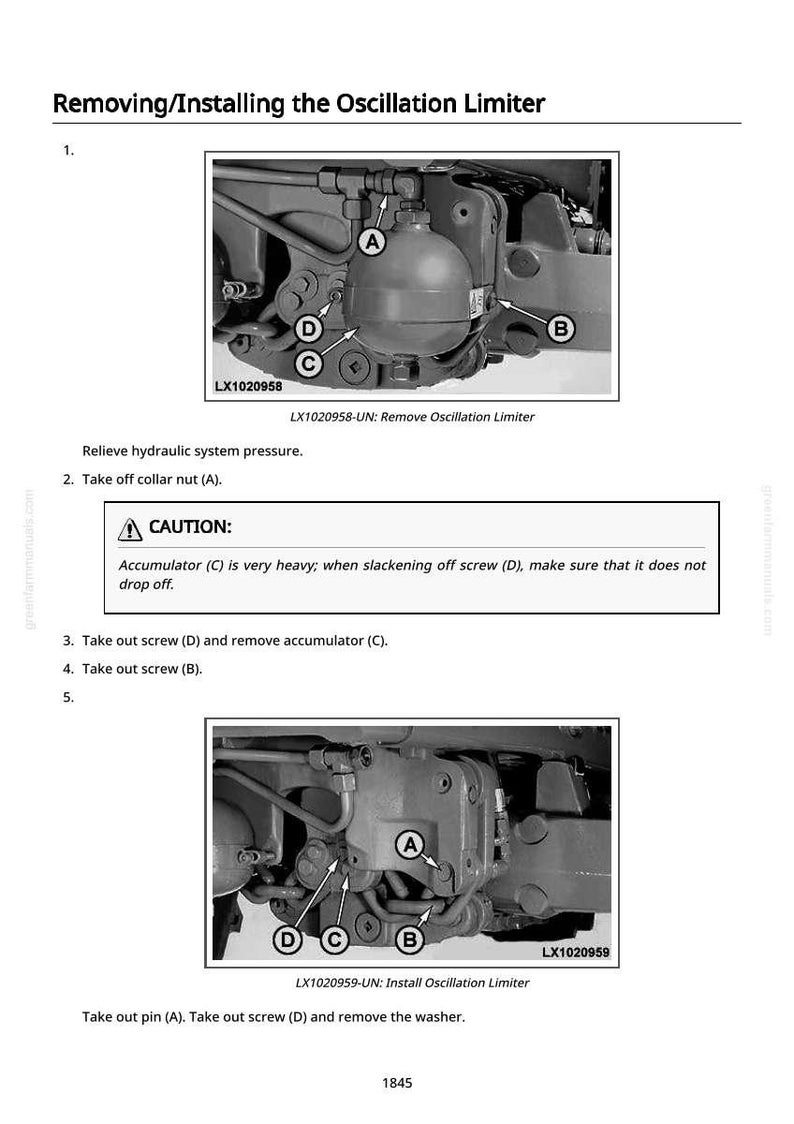 May include: Diagram illustrating the removal and installation of an oscillation limiter. The image shows close-ups of mechanical components with labels A, B, C, and D. Text includes warnings about heavy parts and instructions for disassembly.