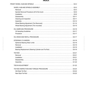 May include: A white page with the title "SECTION G3 FRONT WHEEL HUB AND SPINDLES INDEX". The page lists various procedures related to front wheel hub and spindle maintenance, including removal, installation, and adjustment.