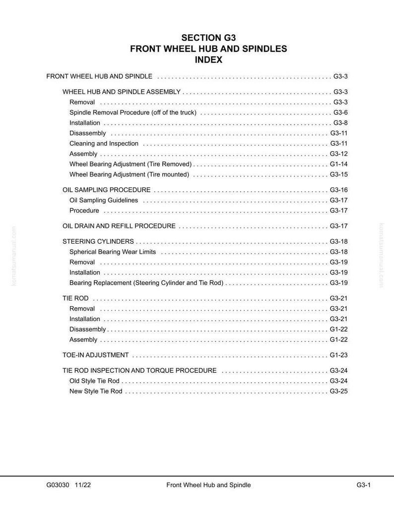 May include: A white page with the title "SECTION G3 FRONT WHEEL HUB AND SPINDLES INDEX". The page lists various procedures related to front wheel hub and spindle maintenance, including removal, installation, and adjustment.