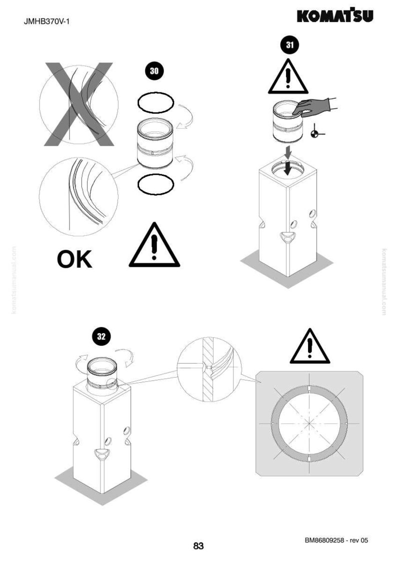 May include: Technical diagram with the KOMATSU logo. The image shows assembly instructions with diagrams of cylindrical components, warning symbols, and the text "OK". The diagram includes the text "JMHB370V-1" and "BM86809258 - rev 05".