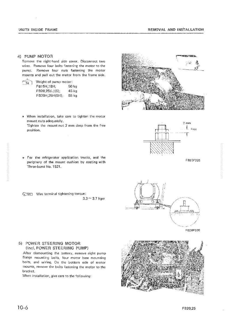 May include: A manual page with instructions for pump motor removal and installation. Includes diagrams, measurements in kg, and tightening instructions. Text includes "POWER STEERING MOTOR" and "Wire terminal tightening torque".