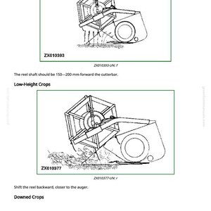 Puede incluir: Diagramas de componentes de maquinaria agr&iacute;cola, incluyendo un eje de carrete y barra de corte, con instrucciones de texto para cultivos bajos y ca&iacute;dos. El texto indica que el eje del carrete debe estar 150-200 mm hacia adelante.