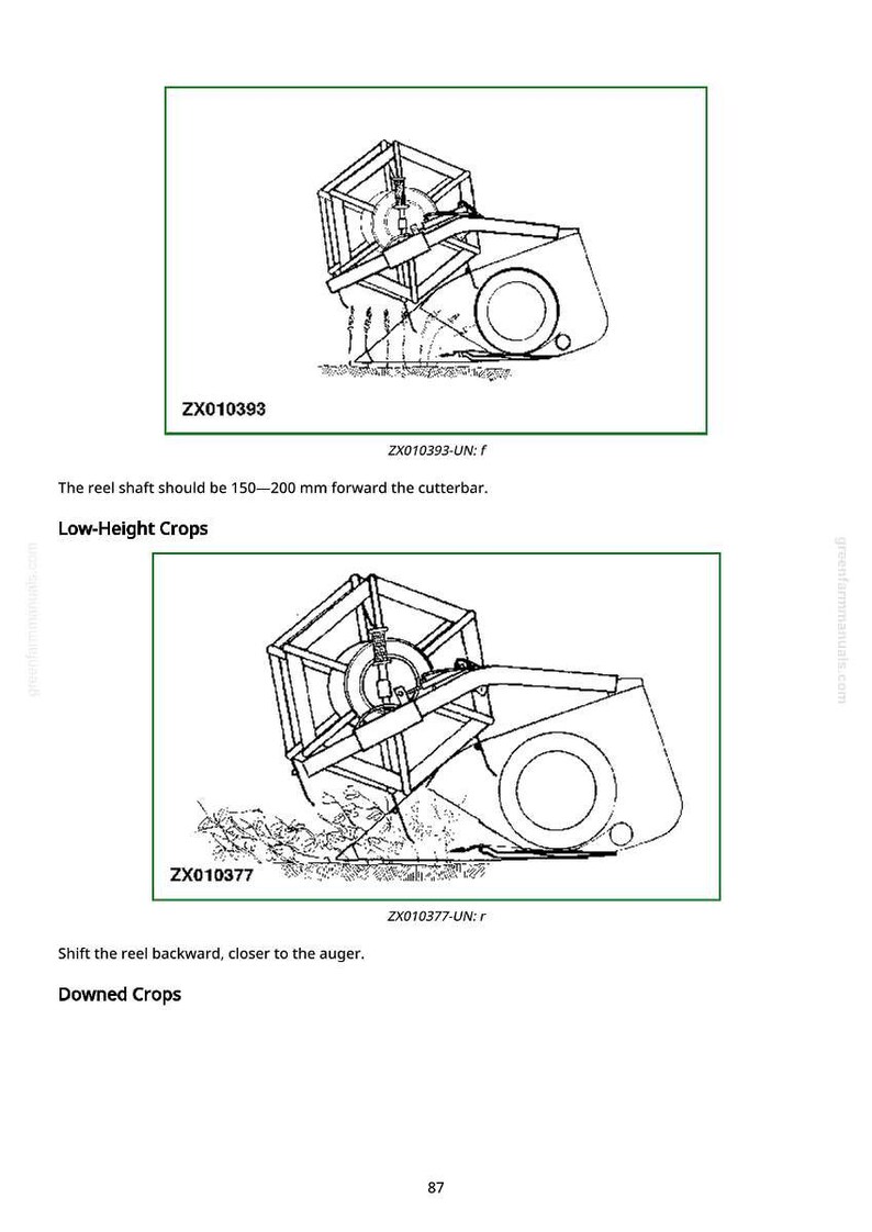 Puede incluir: Diagramas de componentes de maquinaria agr&iacute;cola, incluyendo un eje de carrete y barra de corte, con instrucciones de texto para cultivos bajos y ca&iacute;dos. El texto indica que el eje del carrete debe estar 150-200 mm hacia adelante.