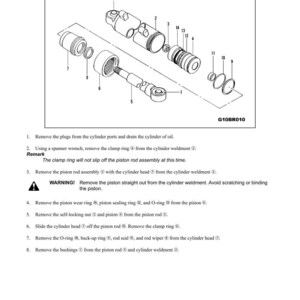 May include: Diagram of hydraulic cylinder disassembly and assembly, with labeled parts and instructions. The image includes exploded views of components like pistons, rings, and seals, with text instructions for each step. The text includes a warning about scratching or binding the piston.