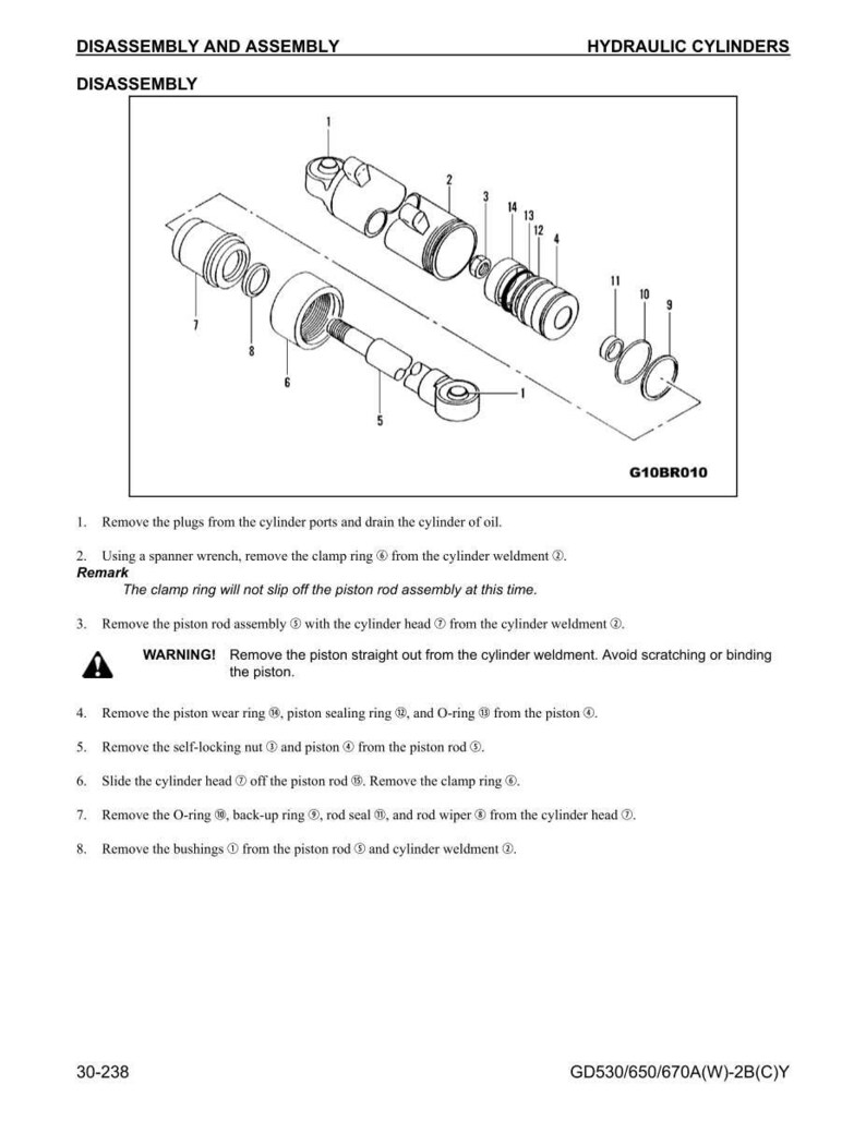 May include: Diagram of hydraulic cylinder disassembly and assembly, with labeled parts and instructions. The image includes exploded views of components like pistons, rings, and seals, with text instructions for each step. The text includes a warning about scratching or binding the piston.