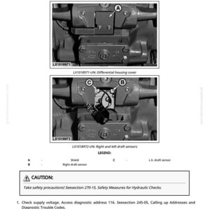 May include: Diagram showing mechanical components with text: "Rockshaft - Testing and Adjusting the Draft Sensors." Includes close-up images of parts labeled A, B, and C, with a caution notice and voltage specifications.