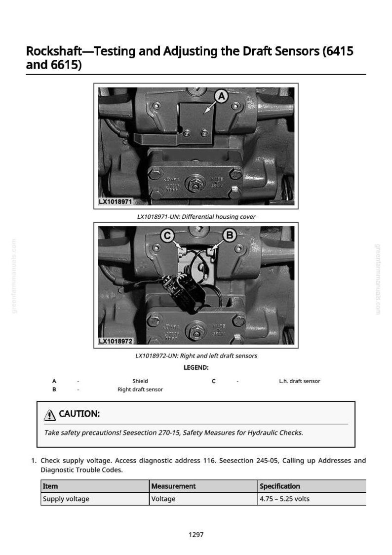 May include: Diagram showing mechanical components with text: "Rockshaft - Testing and Adjusting the Draft Sensors." Includes close-up images of parts labeled A, B, and C, with a caution notice and voltage specifications.