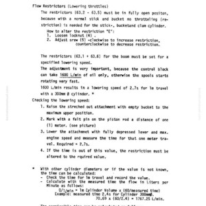 May include: A technical document titled "OPERATING HYRAULIC" by MANNESMANN DEMAC. The document includes instructions on flow restrictors, lowering throttles, and checking lowering speed. Text includes measurements in meters and liters.