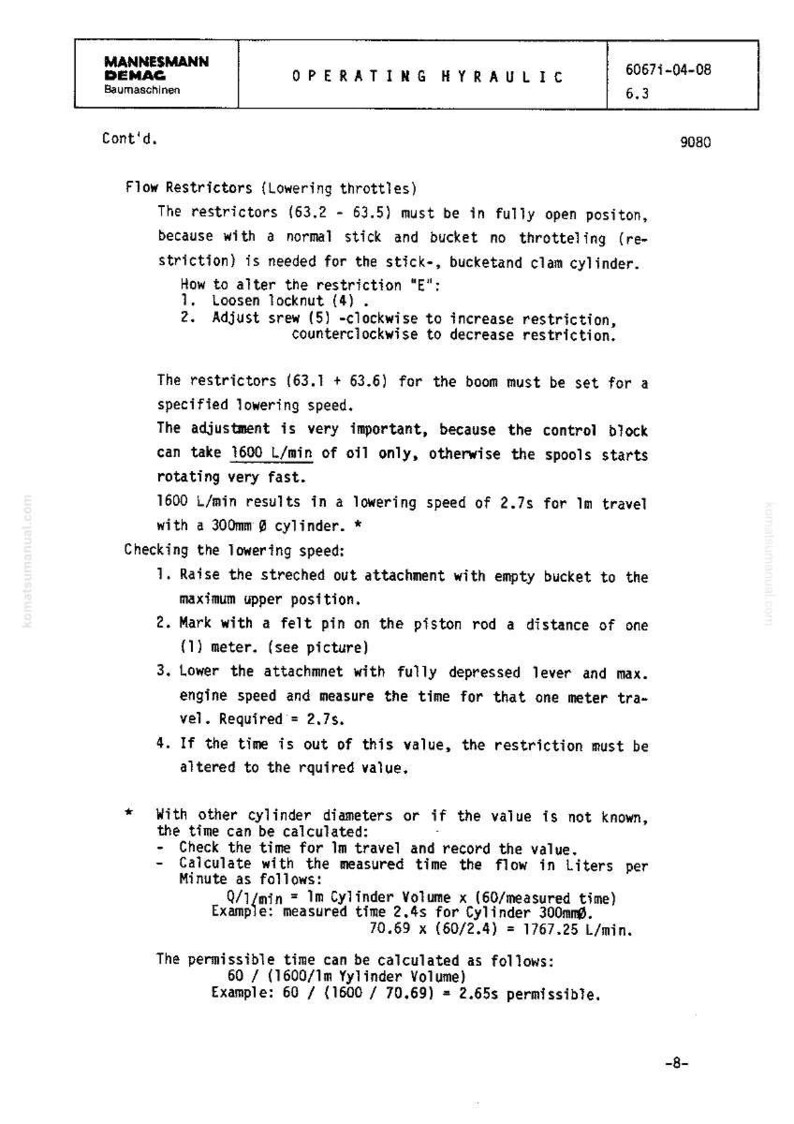 May include: A technical document titled "OPERATING HYRAULIC" by MANNESMANN DEMAC. The document includes instructions on flow restrictors, lowering throttles, and checking lowering speed. Text includes measurements in meters and liters.