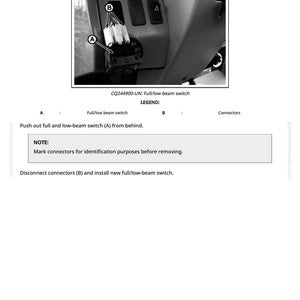 K&ouml;nnte beinhalten: Schwarz-Wei&szlig;-Bild, das den Austausch eines Fern-/Abblendlichtschalters zeigt. Das Bild enth&auml;lt eine Diagramm des Schalters und der Anschl&uuml;sse mit Textanweisungen. Der Text lautet "Austausch des Fern-/Abblendlichtschalters" und "Markieren Sie die Anschl&uuml;sse zur Identifizierung".