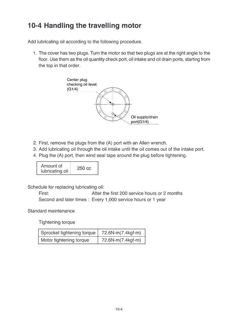 May include: A page from a manual titled "10-4 Handling the travelling motor." It includes instructions for adding lubricating oil, a diagram, and specifications for tightening torque. The amount of lubricating oil is 250 cc.