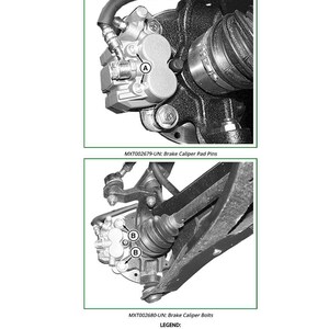 May include: Diagram of automotive brake components, including a caliper, rotor, and associated hardware. The image includes labels for hanger pins and bolts, with the text "MXT002679-UN: Brake Caliper Pad Pins" and "MXT002680-UN: Brake Caliper Bolts".