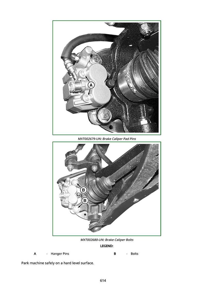 May include: Diagram of automotive brake components, including a caliper, rotor, and associated hardware. The image includes labels for hanger pins and bolts, with the text "MXT002679-UN: Brake Caliper Pad Pins" and "MXT002680-UN: Brake Caliper Bolts".