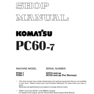 May include: A white shop manual with the text "SHOP MANUAL" in a bold, outlined font. The Komatsu logo and "PC60-7" are prominently displayed. Additional text includes machine model, serial number, and copyright information.