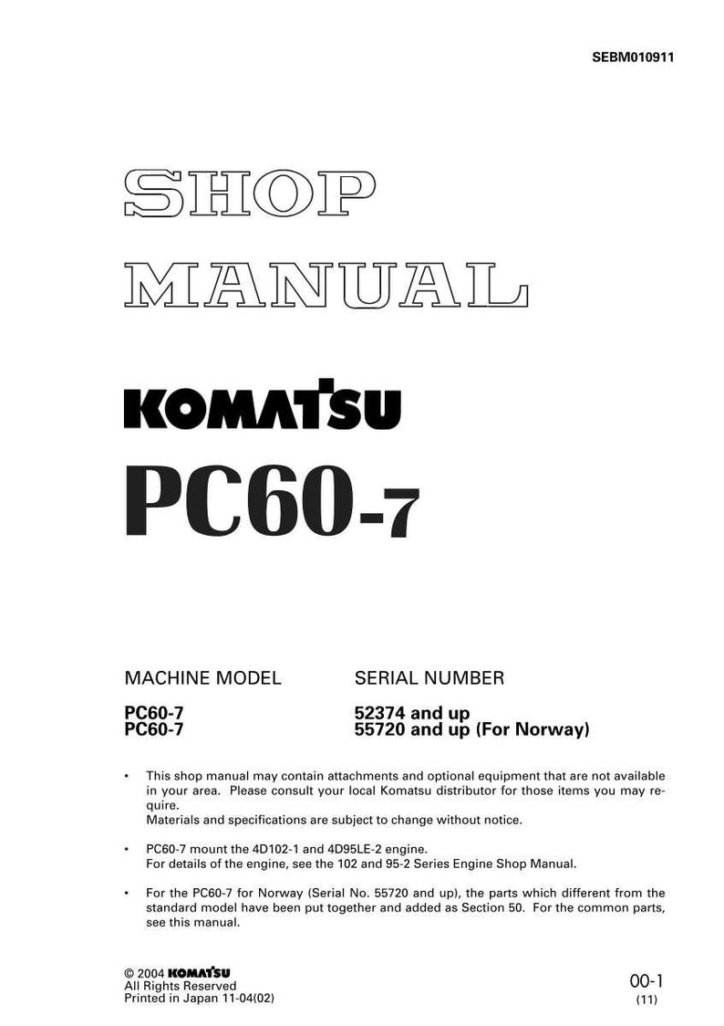 May include: A white shop manual with the text "SHOP MANUAL" in a bold, outlined font. The Komatsu logo and "PC60-7" are prominently displayed. Additional text includes machine model, serial number, and copyright information.
