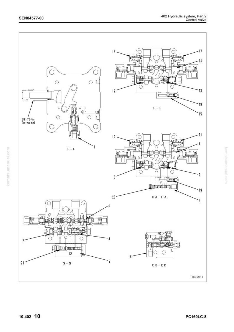 May include: Detailed diagram of a hydraulic system control valve, labeled with various components and cross-sections. Includes text indicating torque specifications and section references. The diagram is for a PC160LC-8 model.