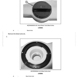 Op de afbeelding: Diagram met de verwijdering en installatie van een ontluchtingsventiel voor de handwastank. De afbeelding toont een zwart ontluchtingsventiel en een witte tank. Tekst omvat "Verwijder en installeer ontluchtingsventiel handwastank" en onderdeelnummers.