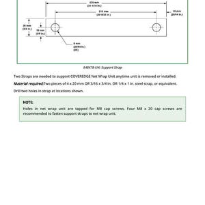 May include: Diagram of a support strap labeled DFEX1874A, with measurements in inches and millimeters. The strap is 21-1/16 inches long and 3/4 inches wide, with two holes. Text includes "Support Strap" and instructions.