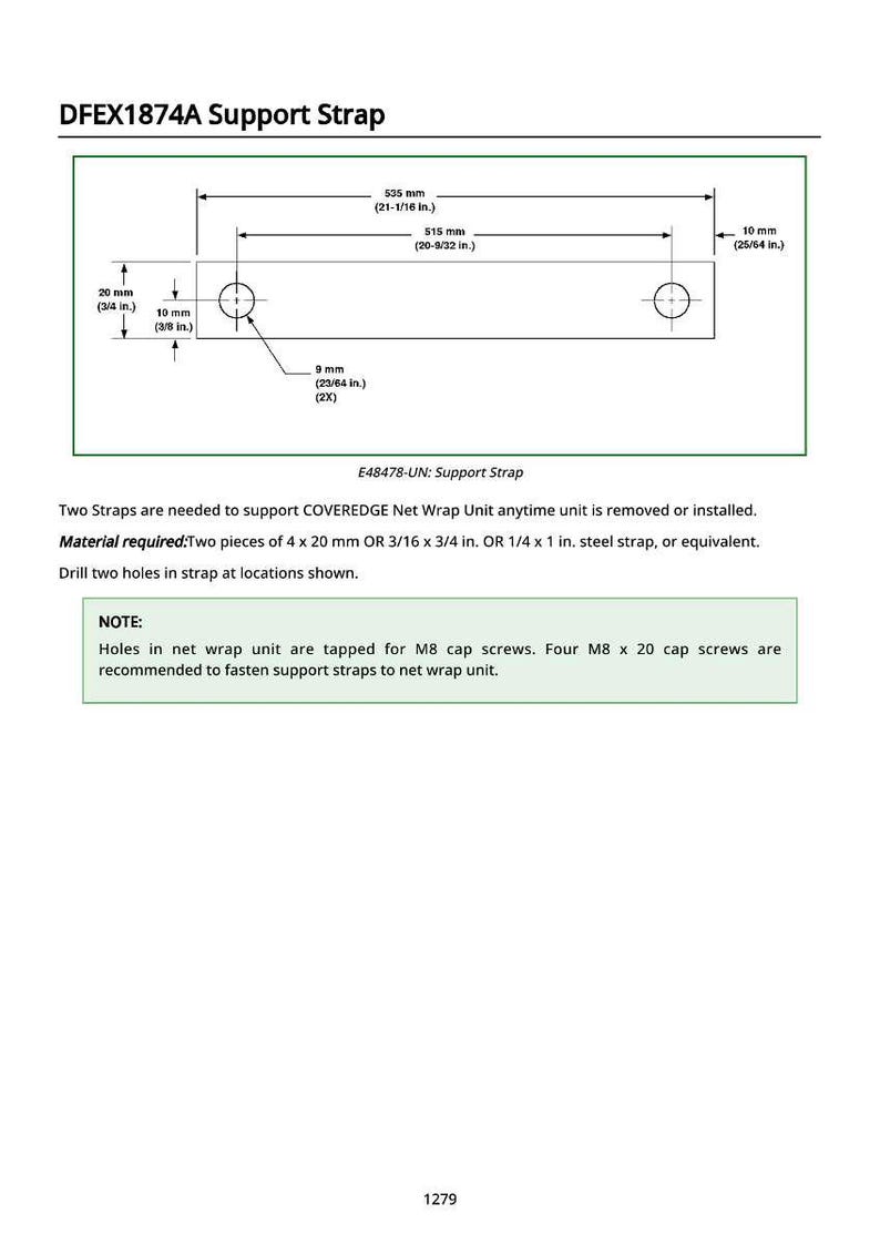 May include: Diagram of a support strap labeled DFEX1874A, with measurements in inches and millimeters. The strap is 21-1/16 inches long and 3/4 inches wide, with two holes. Text includes "Support Strap" and instructions.