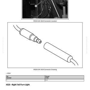 Puede incluir: Diagrama del conector X524 y su ubicaci&oacute;n, con un dibujo detallado del conector y una tabla que muestra el n&uacute;mero de pin y el c&oacute;digo del circuito. Tambi&eacute;n est&aacute; presente el texto "X525 - Right Tail/Turn Light".