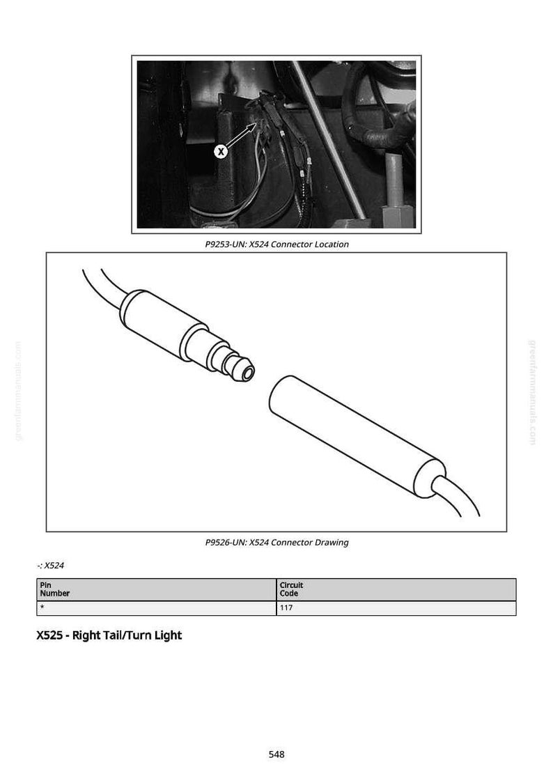Puede incluir: Diagrama del conector X524 y su ubicaci&oacute;n, con un dibujo detallado del conector y una tabla que muestra el n&uacute;mero de pin y el c&oacute;digo del circuito. Tambi&eacute;n est&aacute; presente el texto "X525 - Right Tail/Turn Light".