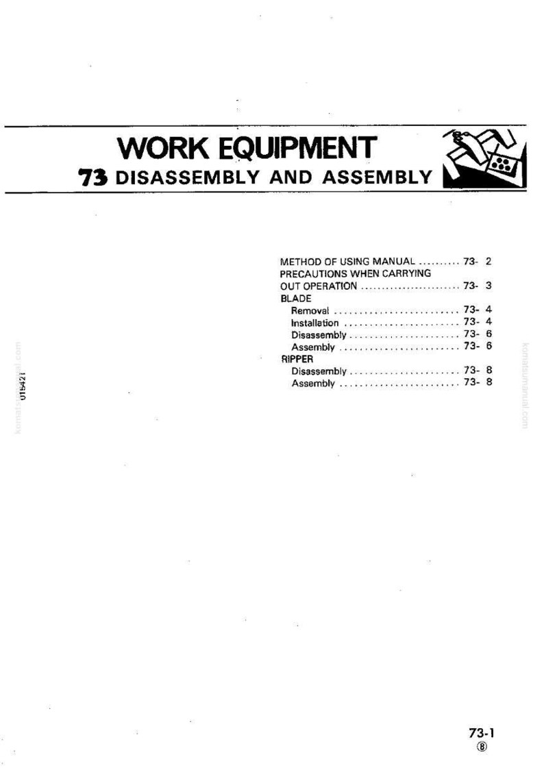 May include: A page from a manual titled "WORK EQUIPMENT 73 DISASSEMBLY AND ASSEMBLY." The document lists procedures for blade and ripper disassembly and assembly. The page is white with black text and a small illustration.