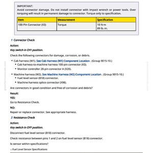Może przedstawiać: Strona z instrukcji greenfarmmanuals.com, szczeg&oacute;łowo opisująca obw&oacute;d otwarty czujnika poziomu paliwa (B18). Zawiera instrukcje dotyczące sprawdzania złączy, sprawdzania rezystancji i specyfikacji. Tekst zawiera pomiary w N&middot;m.