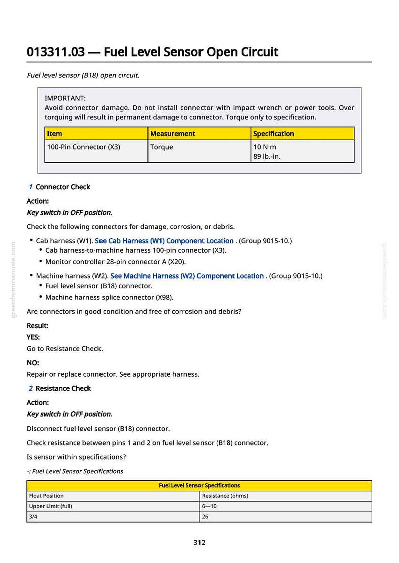 Może przedstawiać: Strona z instrukcji greenfarmmanuals.com, szczeg&oacute;łowo opisująca obw&oacute;d otwarty czujnika poziomu paliwa (B18). Zawiera instrukcje dotyczące sprawdzania złączy, sprawdzania rezystancji i specyfikacji. Tekst zawiera pomiary w N&middot;m.