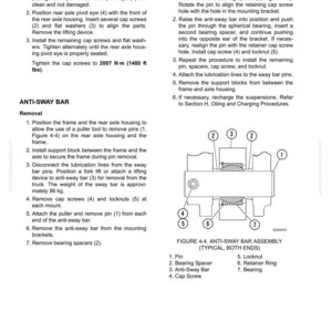 May include: Diagram of an anti-sway bar assembly with numbered parts, including pins, bearing spacers, cap screws, and locknuts. Instructions for installation and removal are also provided, with torque specifications in foot-pounds.