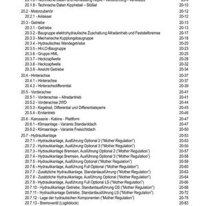 May include: A detailed contents list in black text on a white background. The document covers technical data, including engine components, hydraulic systems, and other mechanical parts, with corresponding page numbers.