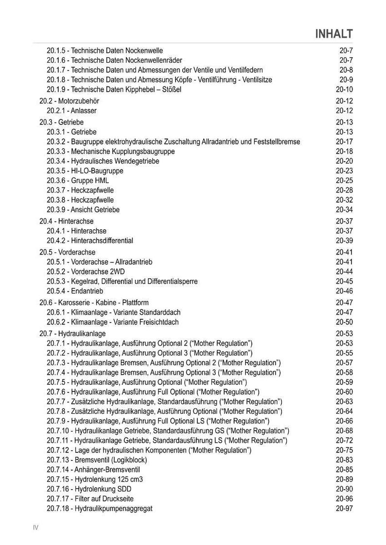 May include: A detailed contents list in black text on a white background. The document covers technical data, including engine components, hydraulic systems, and other mechanical parts, with corresponding page numbers.