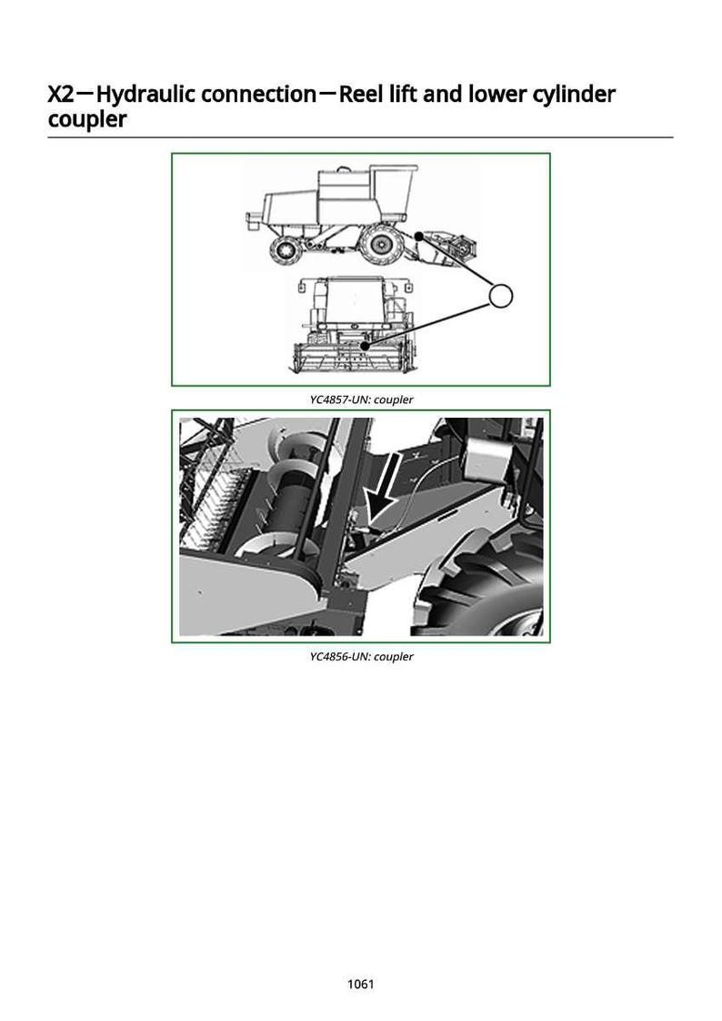K&ouml;nnte beinhalten: Diagramm eines hydraulischen Verbindungssystems, das einen Spulenheber und einen unteren Zylinderkuppler zeigt. Das Bild enth&auml;lt detaillierte Illustrationen des Kupplers und der zugeh&ouml;rigen Komponenten, mit Beschriftungen wie "YC4857-UN: coupler" und "YC4856-UN: coupler".