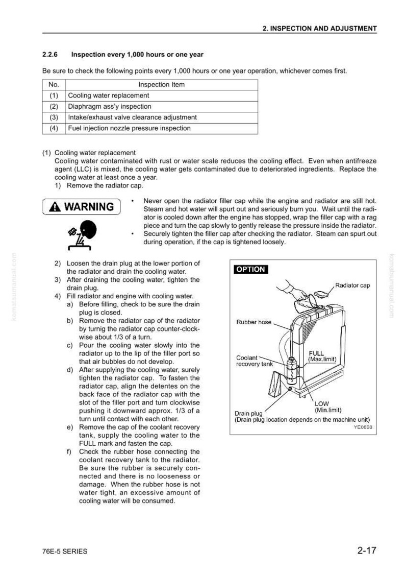 May include: A page from a manual detailing cooling water replacement and inspection procedures. The diagram shows a radiator cap, rubber hose, and coolant recovery tank. Text includes warnings and step-by-step instructions for maintenance.