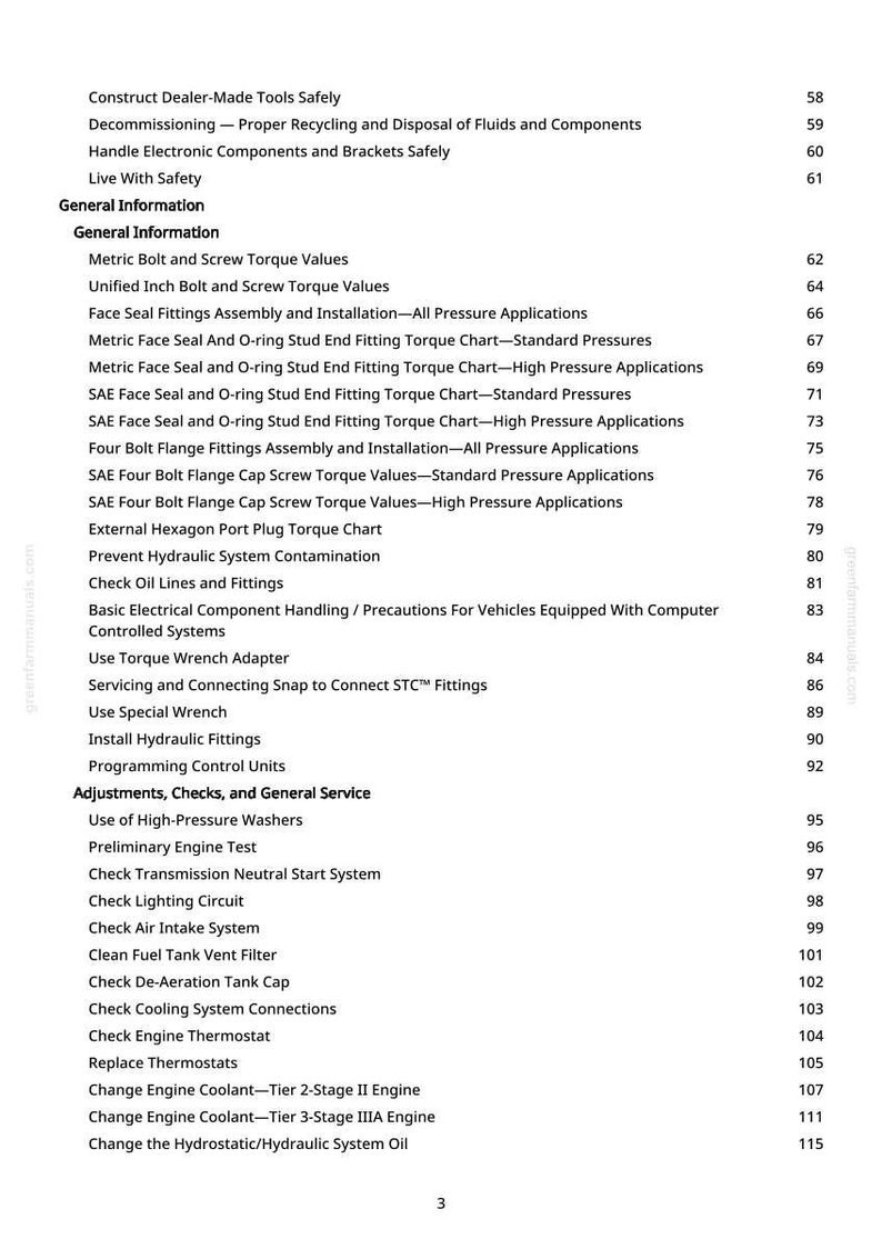 May include: A manual page with a list of topics, including "Metric Bolt and Screw Torque Values" and "Check Engine Thermostat." The text is black on a white background. The page number is 3.