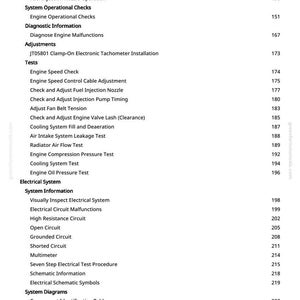 May include: A page from a manual with a table of contents. The topics include engine operation, electrical systems, and system diagrams. Page numbers are listed on the right side of the page.