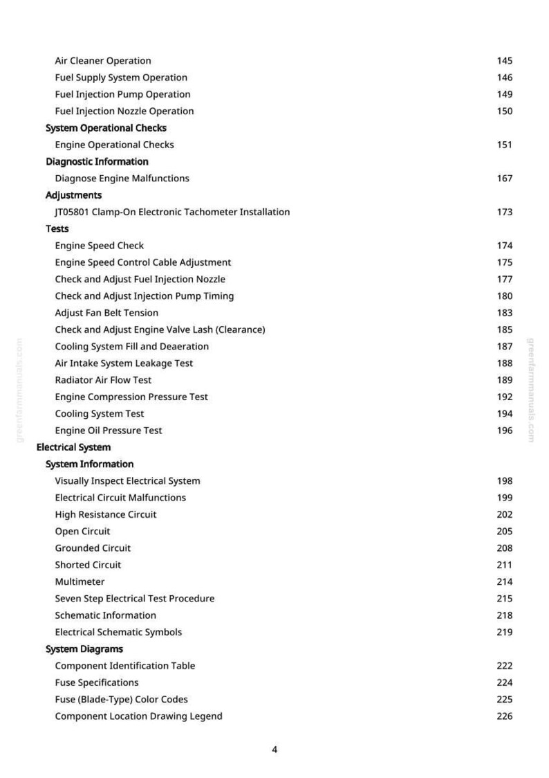 May include: A page from a manual with a table of contents. The topics include engine operation, electrical systems, and system diagrams. Page numbers are listed on the right side of the page.