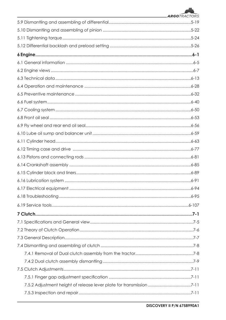 May include: A detailed contents page from a Discovery II tractor manual, covering engine, clutch, and other mechanical aspects. The text is black on a white background.