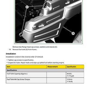 K&ouml;nnte beinhalten: Diagramm einer silbernen Metallkomponente mit Text und Messungen. Das Bild enth&auml;lt Anweisungen zum Entfernen und Installieren von Teilen, mit Spezifikationen f&uuml;r die Kraftstofftankkapazit&auml;t von ca. 44,48 Litern (11,75 Gallonen).