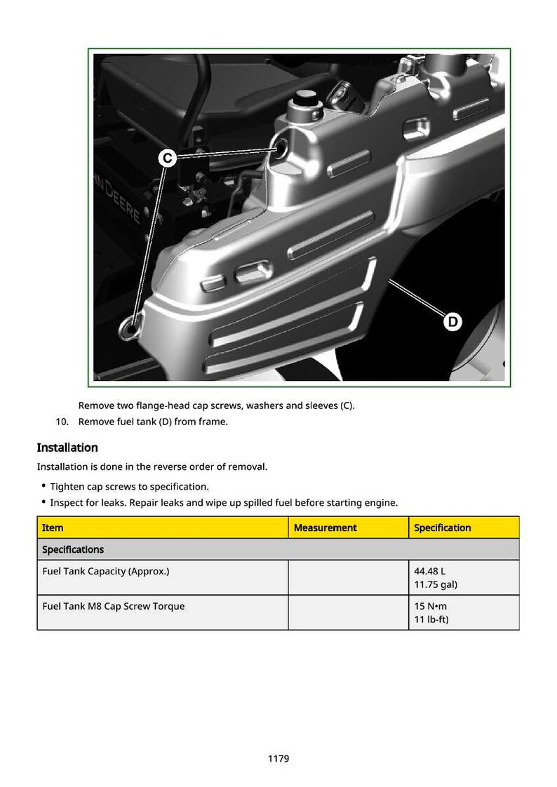 K&ouml;nnte beinhalten: Diagramm einer silbernen Metallkomponente mit Text und Messungen. Das Bild enth&auml;lt Anweisungen zum Entfernen und Installieren von Teilen, mit Spezifikationen f&uuml;r die Kraftstofftankkapazit&auml;t von ca. 44,48 Litern (11,75 Gallonen).