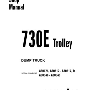 以下が含まれることがあります： 黒いテキストが入った白いショップマニュアルの表紙。「Shop Manual」のタイトルが「730E Trolley」の上にあります。その下に「DUMP TRUCK」とシリアル番号が記載されています。Komatsuのロゴが一番下にあります。