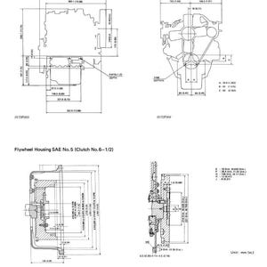 May include: Technical diagram of an engine flywheel housing, SAE No. 5, with detailed dimensions in millimeters and inches. The diagram includes cross-sectional views and measurements for various components, with labels and annotations.