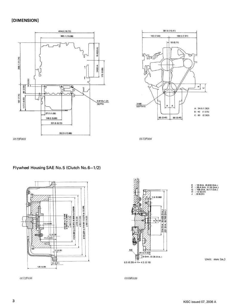 May include: Technical diagram of an engine flywheel housing, SAE No. 5, with detailed dimensions in millimeters and inches. The diagram includes cross-sectional views and measurements for various components, with labels and annotations.