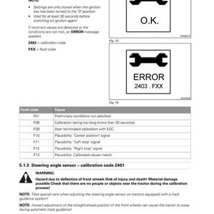 May include: A page from a Fendt tractor manual detailing calibration and adjustment procedures. Includes diagrams with "O.K." and "ERROR" messages, fault codes, and warnings about steering angle sensor calibration. The manual is white with black text.