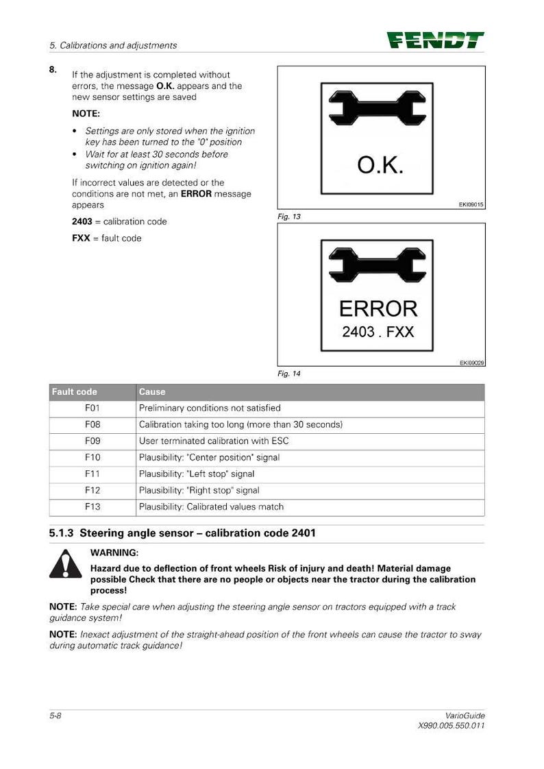 May include: A page from a Fendt tractor manual detailing calibration and adjustment procedures. Includes diagrams with "O.K." and "ERROR" messages, fault codes, and warnings about steering angle sensor calibration. The manual is white with black text.