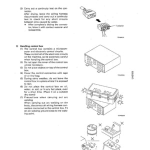 Op de afbeelding: Diagram uit een handleiding met probleemoplossing en onderhoudsinstructies. Bevat illustraties van connectoren, een controlebox en een gereedschapskist. De tekst bevat instructies voor het hanteren van de controlebox en booglassen.