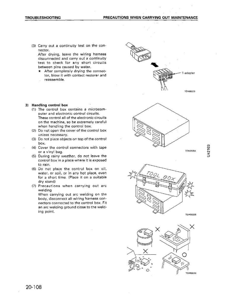 Op de afbeelding: Diagram uit een handleiding met probleemoplossing en onderhoudsinstructies. Bevat illustraties van connectoren, een controlebox en een gereedschapskist. De tekst bevat instructies voor het hanteren van de controlebox en booglassen.