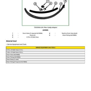 May include: An image detailing an oil filter caddy adapter, featuring a drain valve, clamps, and hoses. The diagram also lists the materials used, including 0.75 in. ID bulk hose and drain fittings. The text reads "SERVICE EQUIPMENT AND TOOLS."