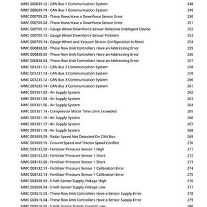 Op de afbeelding: Een afgedrukte pagina met een lijst met foutcodes en beschrijvingen voor landbouwmachines. De tekst bevat codes met betrekking tot CAN-buscommunicatie, sensorfouten en luchttoevoersystemen. De paginanummers staan rechts.